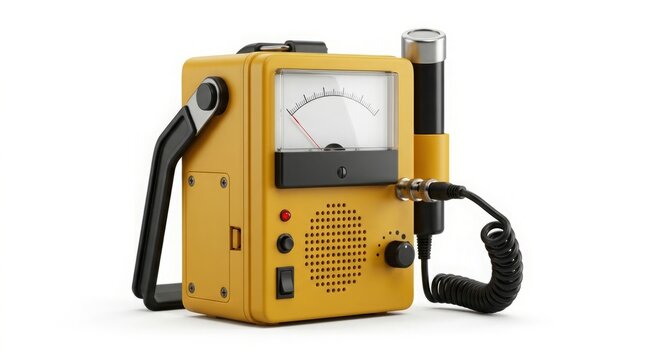 Analog Geiger Counter Radiation Detector Device Isolated on White Background for Scientific Nuclear Dosimetry and Safety Monitoring