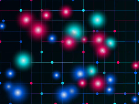 Abstract colorful galaxy clusters with cosmic grid overlay