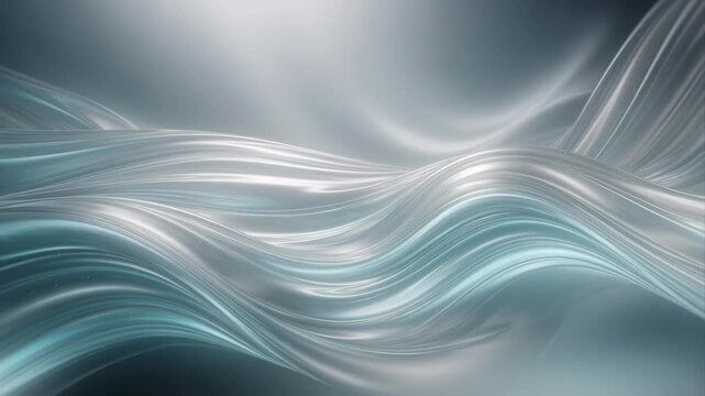 Luminous silver waves flow in an abstract style across a blue gray background, suggesting calm, motion, elegance, and technology