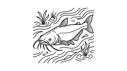 Obraz premium Minimalist Black and White Line Drawing of Fish and Dolphin in Underwater Scene with Seaweed and Bubbles