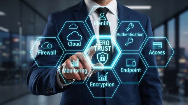 Professional executive interacting with a zero trust cybersecurity framework interface