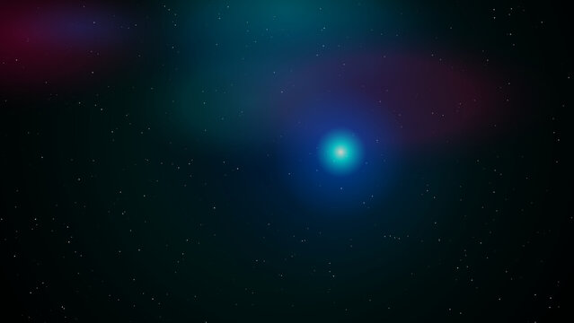 Bright blue glowing star in deep space with twinkling stars background