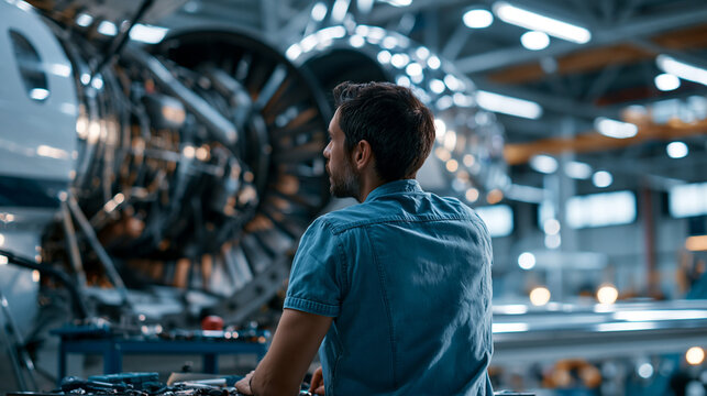 Aircraft mechanic seen from behind working on open engine nacelle of business jet in bright hangar polished cowling and tools on service trolley aviation engineering jet engine