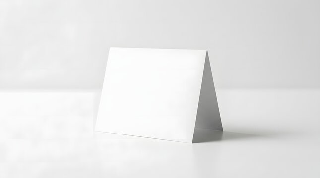 A clean and minimalist blank paper tent card mockup standing on a white surface perfect for displaying your professional branding and design