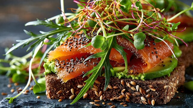 A healthy openfaced sandwich with smoked salmon and avocado is topped with fresh greens.