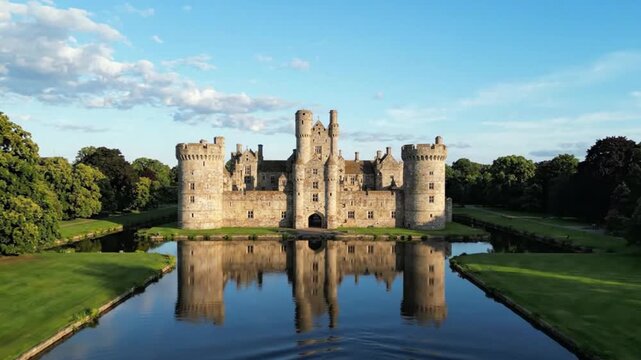 Aerial view of historic medieval castle moat and stone architecture with fortress medieval architecture historic