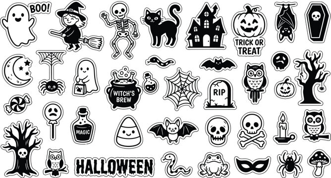 Halloween themed black and white clip art images for party decorations or invitations