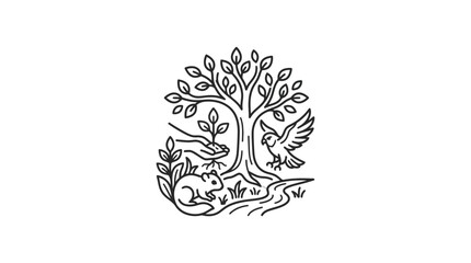 Fototapeta premium Creative Black and White Line Drawing of Tree with Eagle Squirrel and Deer in Natural Habitat with high quality professional line art symbols for modern creative design and digital branding projects
