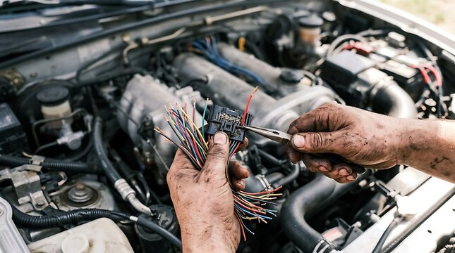 Mechanic repairing car engine with tools. Automotive technician performing hands-on vehicle maintenance and diagnostics.