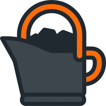 Isolated coal scuttle or bucket with handle and dark coal inside, simple illustration with bold outline