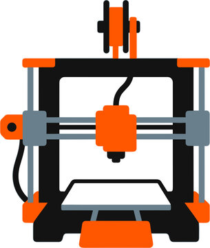 Flat icon of a 3d printer machine, with orange and black details, used for additive manufacturing and prototyping
