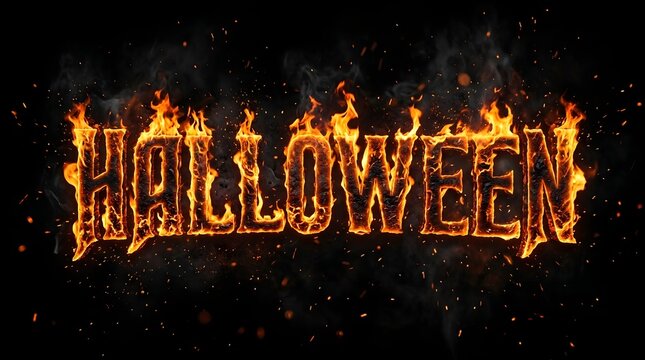 The word halloween written in bright orange flames isolated on a solid black background for horror designs