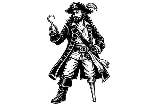Vintage pirate captain with a hook hand, feathered tricorn hat, long coat, and wooden leg in a detailed black and white illustration.