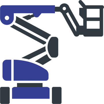 Aerial work platform lift icon, blue and dark gray mechanical boom lift for construction or industrial access, stylized vector illustration