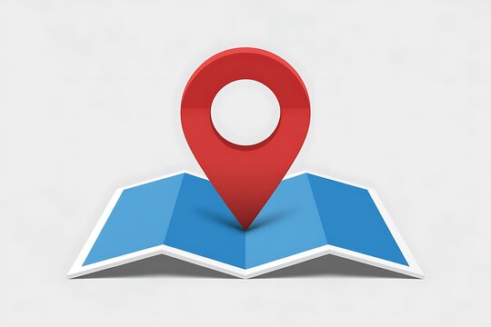 Red location pin marker standing on a folded blue paper map isolated on a white background