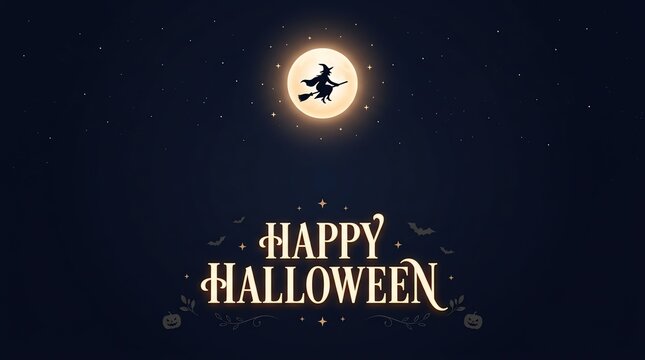 Happy halloween greeting card design with a silhouette of a witch flying across a bright full moon