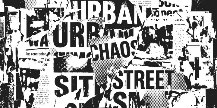 Black and white abstract collage with urban typography and newspaper shreds and ripped paper texture patterns