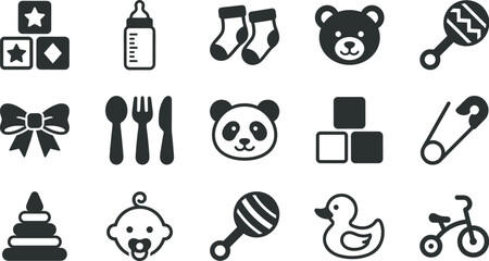 Baby care items and newborn toys black glyph icon pack featuring blocks feeding bottle socks teddy bear rattle ribbon cutlery panda safety pin pyramid rubber duck and tricycle © MDMOHOSHIN