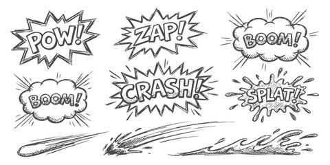 Set of comic book sound effect speech bubbles with hand drawn sketch style explosion and action elements © ZenVectors