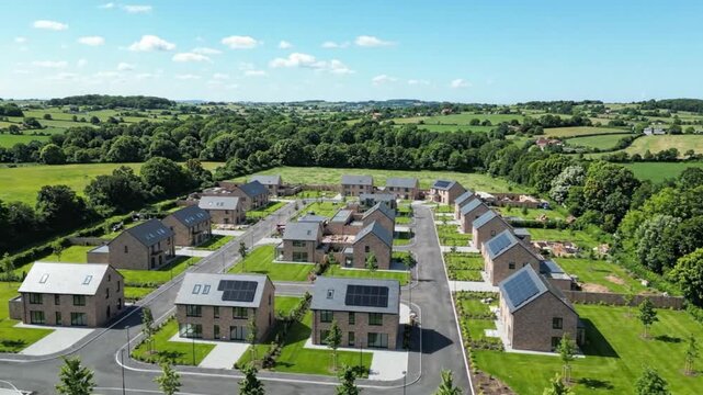 Aerial view of modern residential suburban housing development with solar panels and green landscape, residential