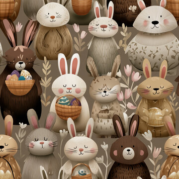 Seamless Cute Easter Bunny Pattern with Adorable Rabbits, Decorated Eggs, Baskets and Spring Holiday Motifs