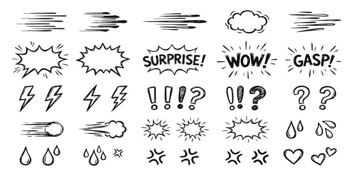 Set of hand drawn comic book effect elements including speech bubbles motion lines and exclamation symbols