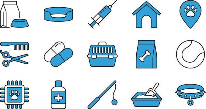 Blue and black pet care and veterinary line icon set vector containing symbols for animal medical treatment, microchip tracking, food nutrition, and grooming accessories.