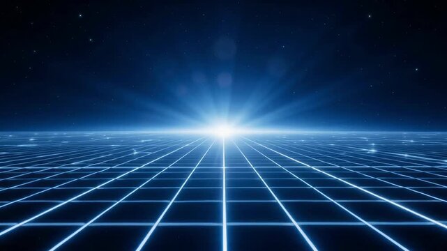 Glowing neon grid animation moving forward into a distant bright horizon in deep space video footage