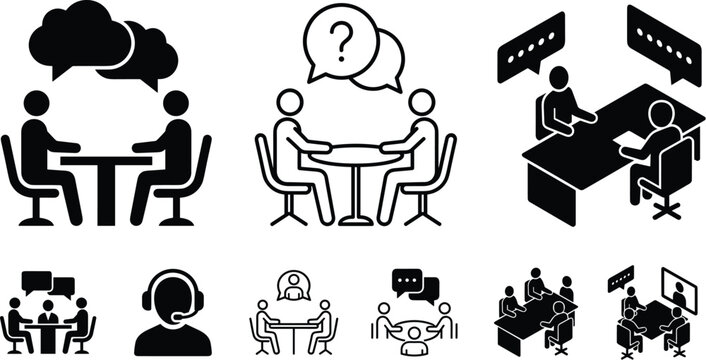 Business consultation and office team communication icons bundle featuring negotiation tables dialogue speech bubbles question mark agent headset video conference and desk interview symbols