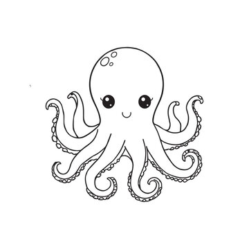 Cute octopus cartoon character illustration for coloring book page with simple lines on white background.
