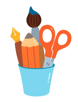 Colorful desk organizer cup with scissors, pencil, fountain pen, and paintbrush. Vector illustration isolated.