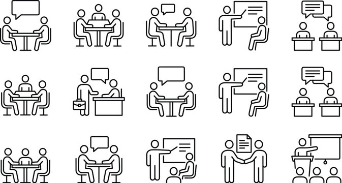 Business meeting and corporate training line icons set featuring office team dialogue conference interview presentation whiteboard agreement handshake seminar speech and consulting symbols