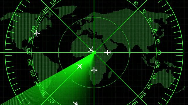 Green color Global military radar screen displaying aircraft targets and threats on a world map. an air traffic control tower equipped with radar. High-tech radar scanner for flight coordinates.
