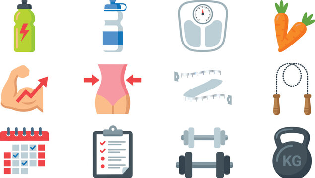 Color flat fitness and healthy lifestyle icon pack including gym equipment weight loss tracking nutrition planning bodybuilding muscles and daily exercise routine elements