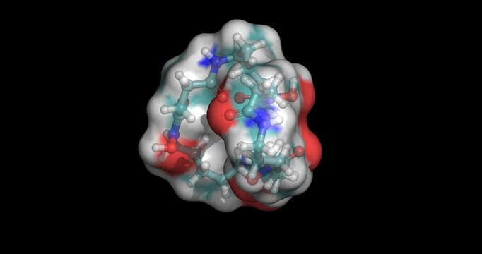Desferrioxamine E, macrocyclic siderophore for iron chelating and bacterial transport, 3D molecule 4K spinning