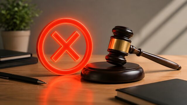 Legal rejection and denied lawsuit with glowing red cross mark beside judge gavel for non compliance and judicial prohibition