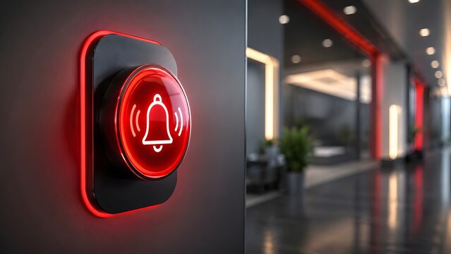 Emergency alarm and urgent notification with glowing red bell icon button in modern corporate hallway