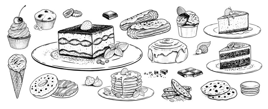Vector illustration of assorted hand drawn desserts. Cakes, pastries, ice cream, cookies and pancakes isolated.