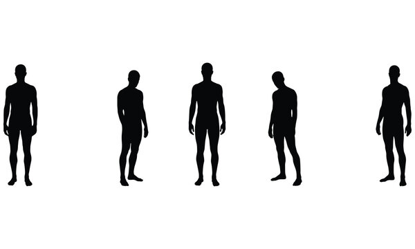 Five black silhouettes of a standing man in different poses, human body shape collection for and anatomical reference projects