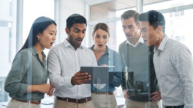 Group of diverse multi-ethnic business professionals expressing shock and amazement while looking at a digital tablet in a modern office.