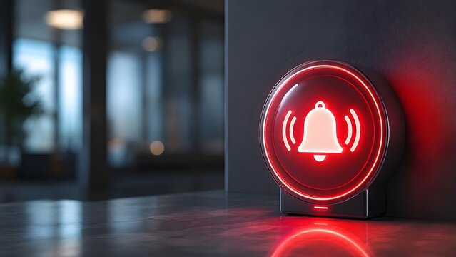 Emergency alarm system and warning notification with glowing red bell button in corporate office interior