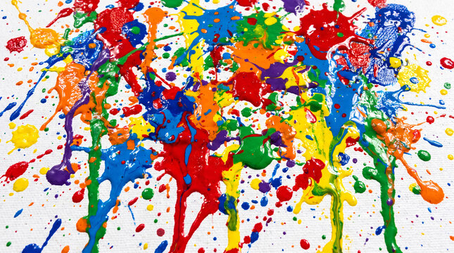 Vibrant abstract background with energetic multicolored paint splashes and drips on a white surface, perfect for creative design, modern art concepts, and expressive visuals.