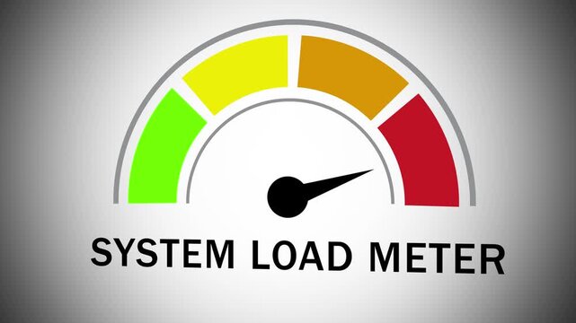 Dynamic system load meter gauge animation featuring a moving needle indicating performance levels from low to tech dashboards, software interface concepts, and digital monitoring