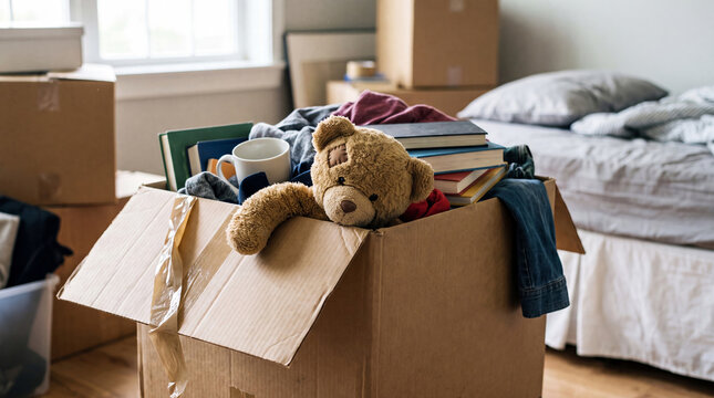 Cardboard moving boxes filled with household belongings and a teddy bear in a cozy bedroom, symbolizing relocation, moving house, packing, and a new home transition.