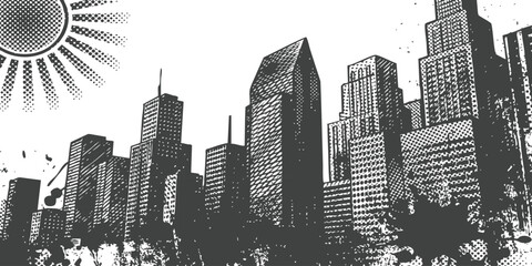 Black and white halftone city skyline illustration with a bright sun shining over the urban tall buildings © ZenVectors