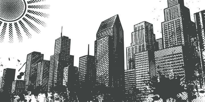 Black and white halftone city skyline illustration with a bright sun shining over the urban tall buildings