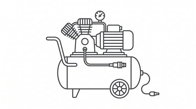 Minimalist outline icon of an industrial air compressor on white