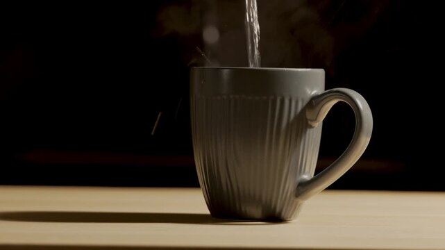 Hot liquid pouring into grey ceramic cup on wooden table close up