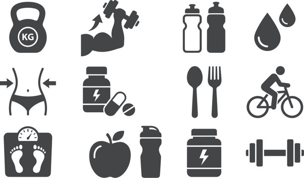 Fitness and health vector icons set featuring gym training equipment bodybuilding bicep kettlebell dumbbell weight loss nutrition supplements cycling and healthy lifestyle elements