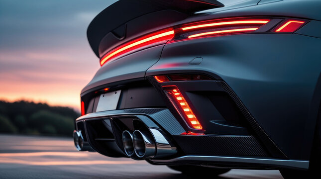 Rear close-up of a grey sports car at sunset showing dual exhaust tips and a thin red LED taillight. luxury automotive details, premium vehicle styling, athletic sportscar.